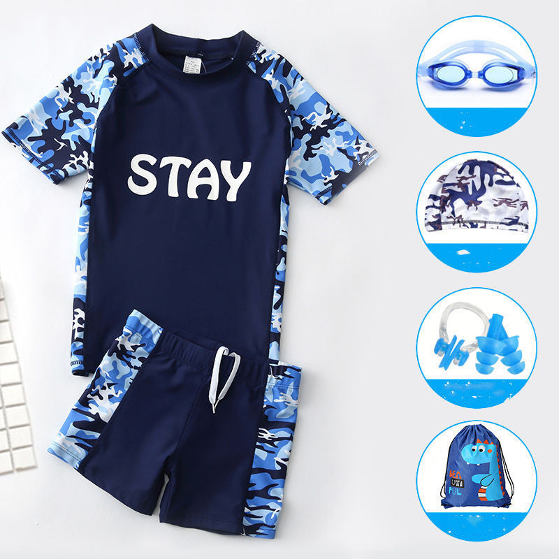 Teen Boys’ Swimwear Set – Quick‑Dry Swim Trunks with Short‑Sleeve Rash Guard & Cap