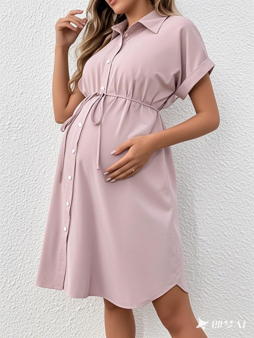 Maternity Button Down Summer Dress — Short Sleeve Casual Belted Shirt Dress