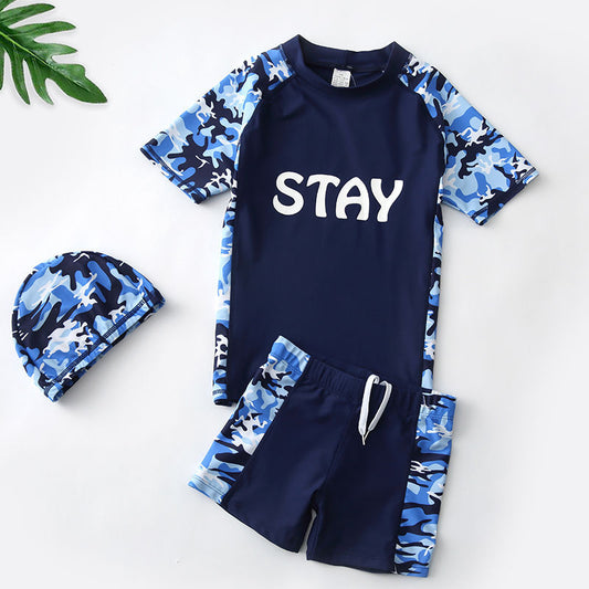 Teen Boys’ Swimwear Set – Quick‑Dry Swim Trunks with Short‑Sleeve Rash Guard & Cap