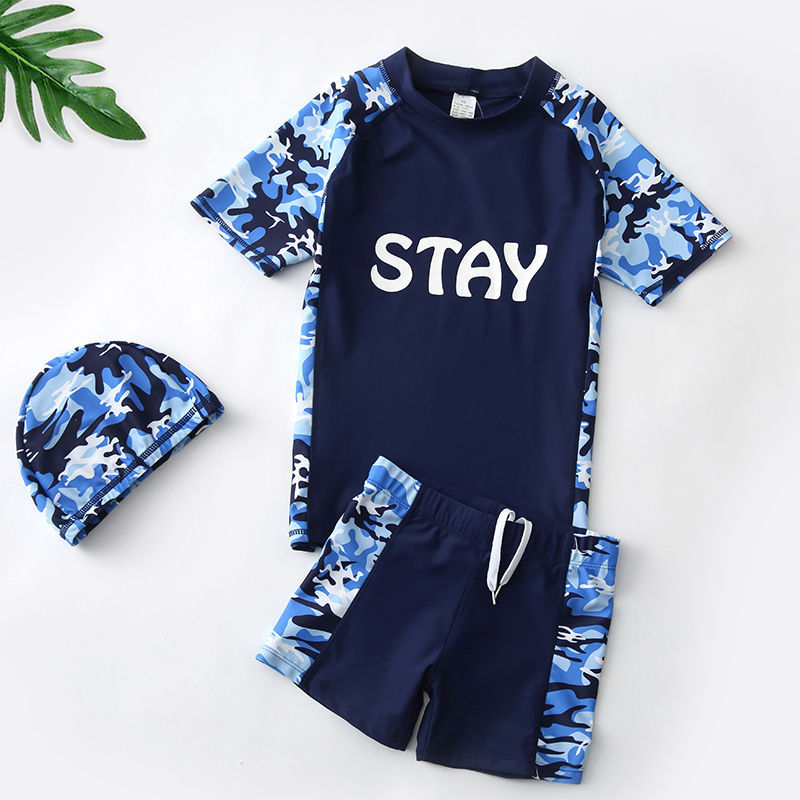Teen Boys’ Swimwear Set – Quick‑Dry Swim Trunks with Short‑Sleeve Rash Guard & Cap
