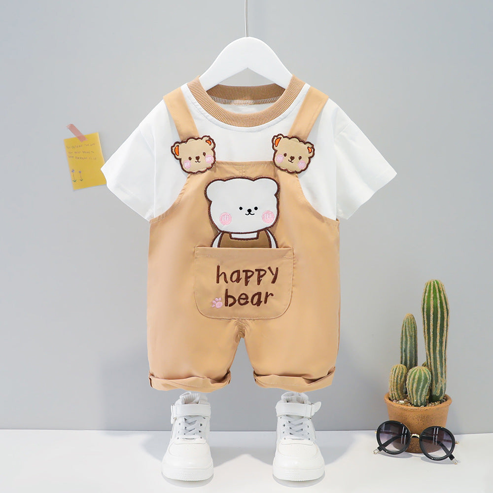 Baby Summer Cartoon Overalls Set – Short‑Sleeve T‑Shirt & Cute Bear Romper