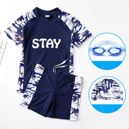 Teen Boys’ Swimwear Set – Quick‑Dry Swim Trunks with Short‑Sleeve Rash Guard & Cap