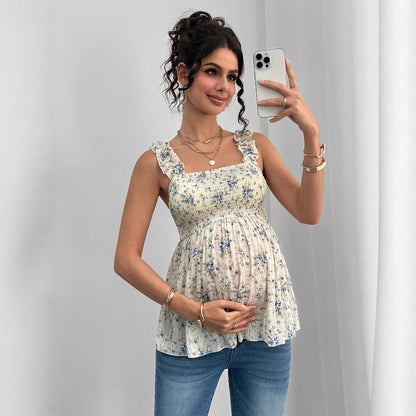 Printed Halter Maternity Top — Square Neck A‑Line Maternity Vest