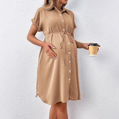 Maternity Button Down Summer Dress — Short Sleeve Casual Belted Shirt Dress