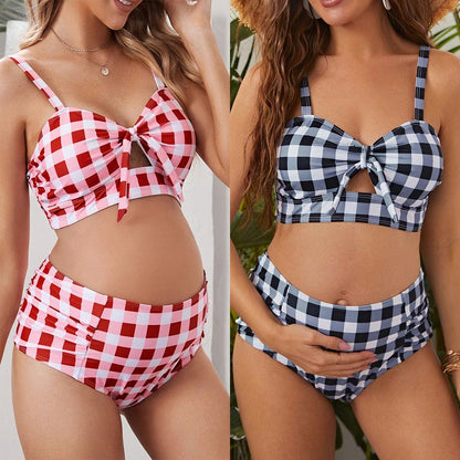 Maternity Two‑Piece Swimsuit – High‑Waist Plaid Bikini for Pregnancy