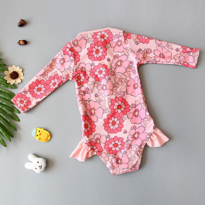 Girls’ Long‑Sleeve Swimsuit Jumpsuit – Quick‑Dry Sun‑Protective One‑Piece