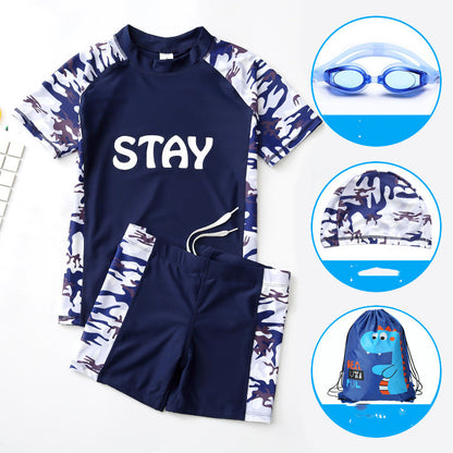 Teen Boys’ Swimwear Set – Quick‑Dry Swim Trunks with Short‑Sleeve Rash Guard & Cap