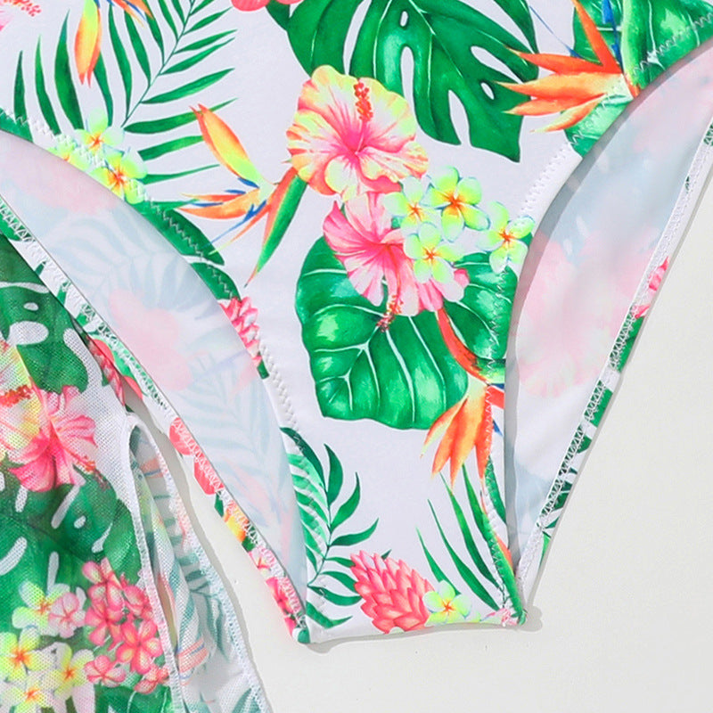 Girls’ Tropical Three‑Piece Swimsuit Set – Bikini with Floral Cover‑Up