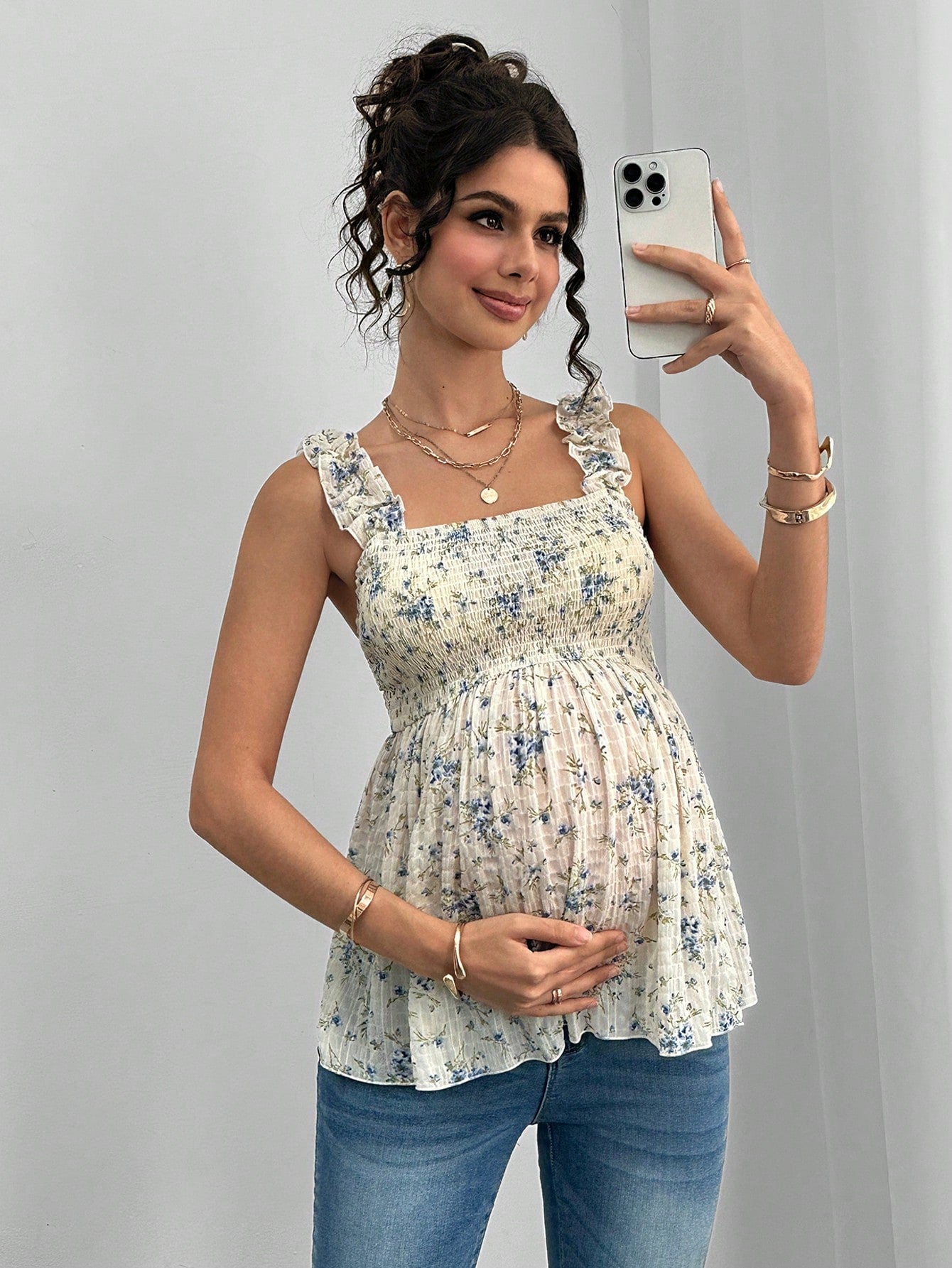 Printed Halter Maternity Top — Square Neck A‑Line Maternity Vest