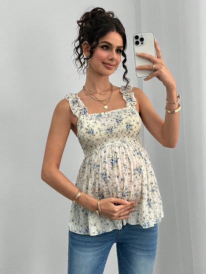 Printed Halter Maternity Top — Square Neck A‑Line Maternity Vest
