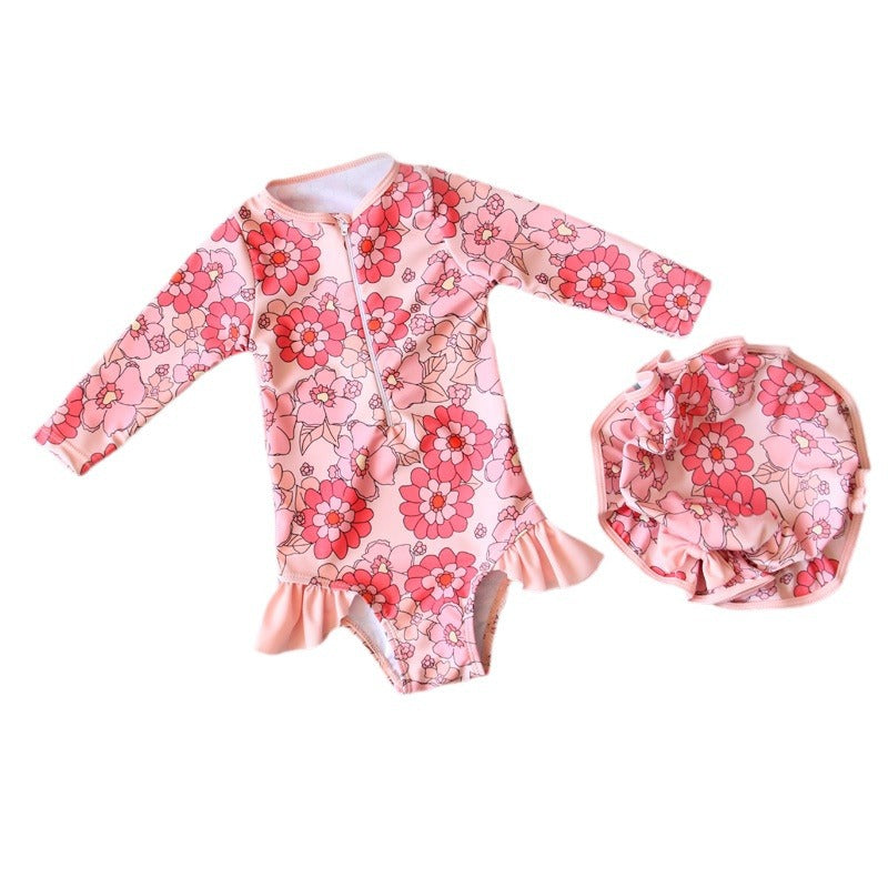 Girls’ Long‑Sleeve Swimsuit Jumpsuit – Quick‑Dry Sun‑Protective One‑Piece