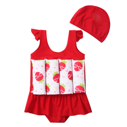 Toddler Girls’ One‑Piece Float Swimsuit – Buoyancy Swimwear with Matching Cap