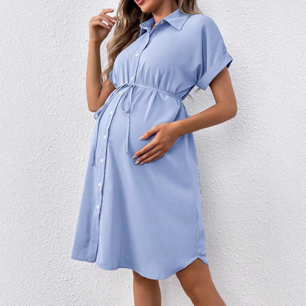 Maternity Button Down Summer Dress — Short Sleeve Casual Belted Shirt Dress