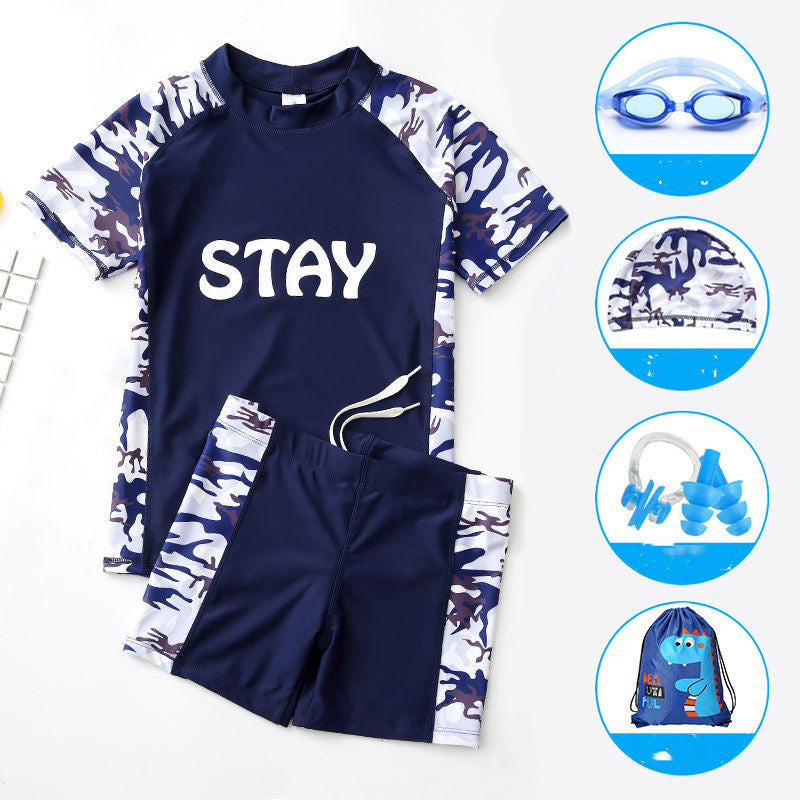 Teen Boys’ Swimwear Set – Quick‑Dry Swim Trunks with Short‑Sleeve Rash Guard & Cap