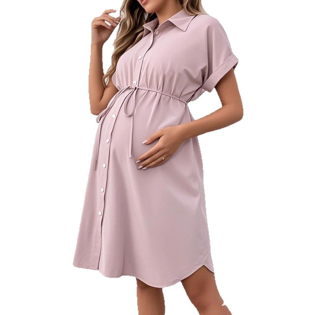 Maternity Button Down Summer Dress — Short Sleeve Casual Belted Shirt Dress