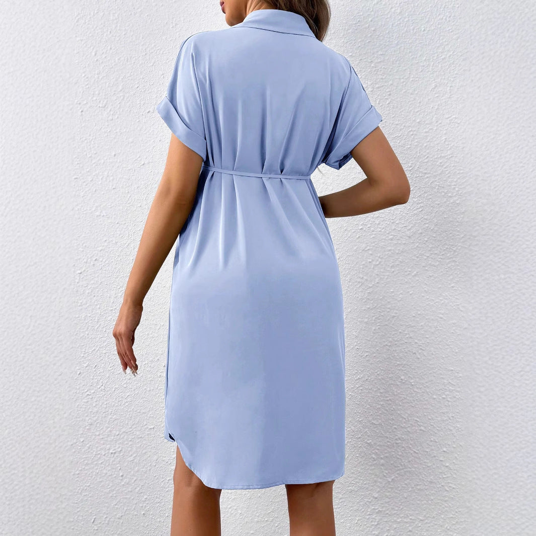 Maternity Button Down Summer Dress — Short Sleeve Casual Belted Shirt Dress
