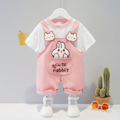 Baby Summer Cartoon Overalls Set – Short‑Sleeve T‑Shirt & Cute Bear Romper