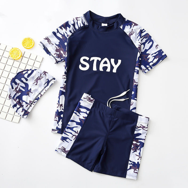 Teen Boys’ Swimwear Set – Quick‑Dry Swim Trunks with Short‑Sleeve Rash Guard & Cap
