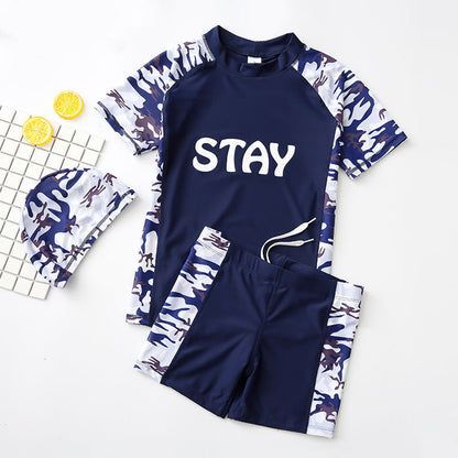 Teen Boys’ Swimwear Set – Quick‑Dry Swim Trunks with Short‑Sleeve Rash Guard & Cap