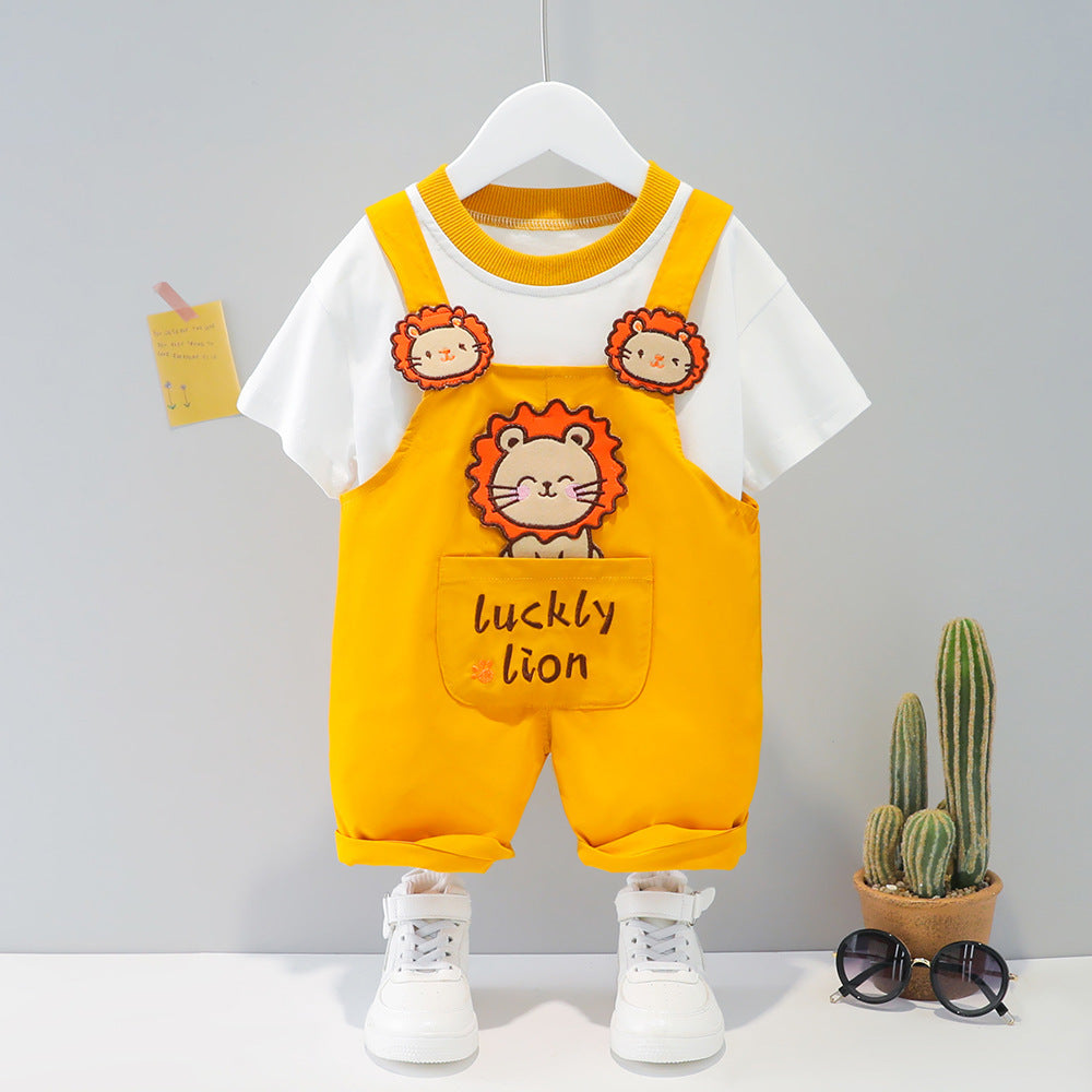 Baby Summer Cartoon Overalls Set – Short‑Sleeve T‑Shirt & Cute Bear Romper