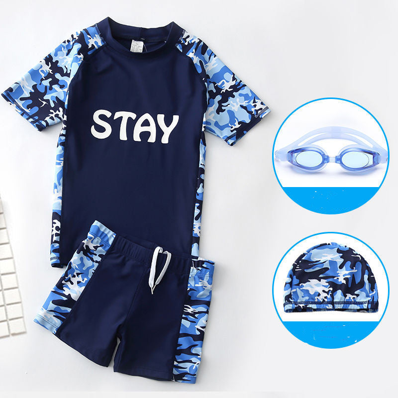 Teen Boys’ Swimwear Set – Quick‑Dry Swim Trunks with Short‑Sleeve Rash Guard & Cap