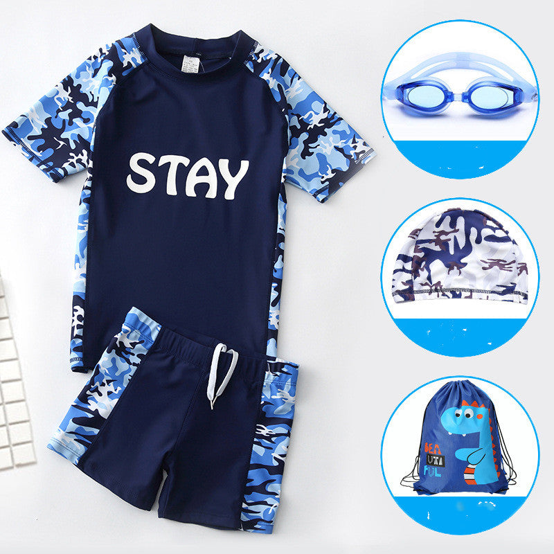 Teen Boys’ Swimwear Set – Quick‑Dry Swim Trunks with Short‑Sleeve Rash Guard & Cap