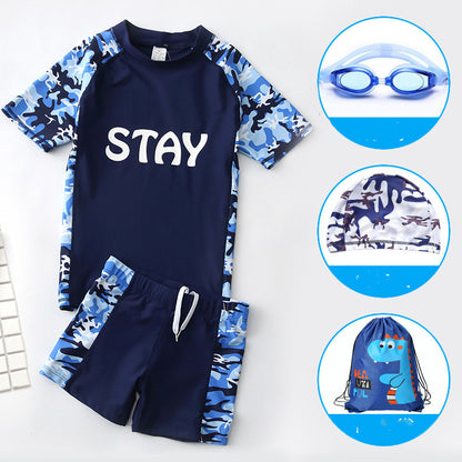 Teen Boys’ Swimwear Set – Quick‑Dry Swim Trunks with Short‑Sleeve Rash Guard & Cap
