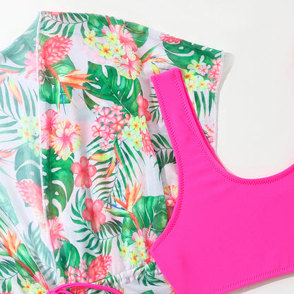 Girls’ Tropical Three‑Piece Swimsuit Set – Bikini with Floral Cover‑Up
