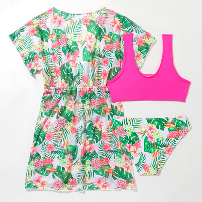 Girls’ Tropical Three‑Piece Swimsuit Set – Bikini with Floral Cover‑Up