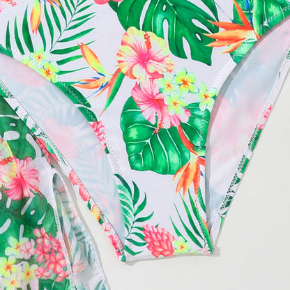 Girls’ Tropical Three‑Piece Swimsuit Set – Bikini with Floral Cover‑Up