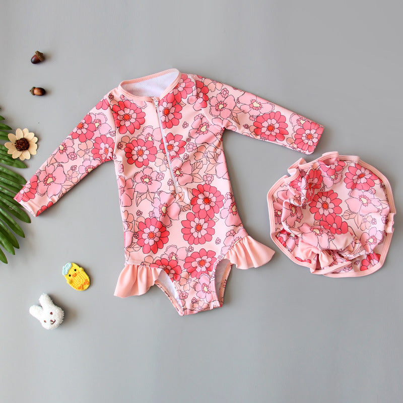 Girls’ Long‑Sleeve Swimsuit Jumpsuit – Quick‑Dry Sun‑Protective One‑Piece