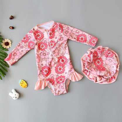 Girls’ Long‑Sleeve Swimsuit Jumpsuit – Quick‑Dry Sun‑Protective One‑Piece