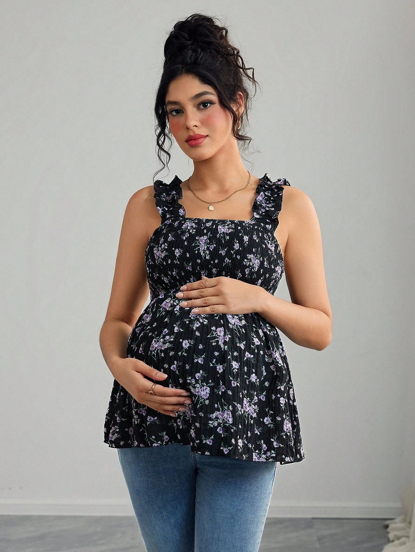 Printed Halter Maternity Top — Square Neck A‑Line Maternity Vest