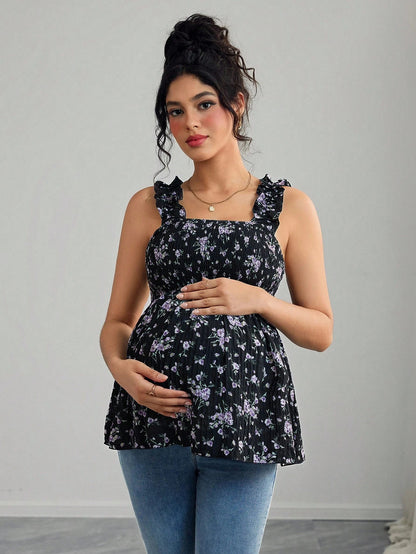 Printed Halter Maternity Top — Square Neck A‑Line Maternity Vest