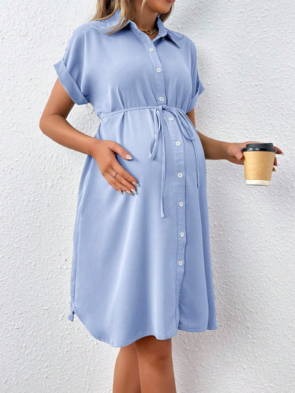 Maternity Button Down Summer Dress — Short Sleeve Casual Belted Shirt Dress