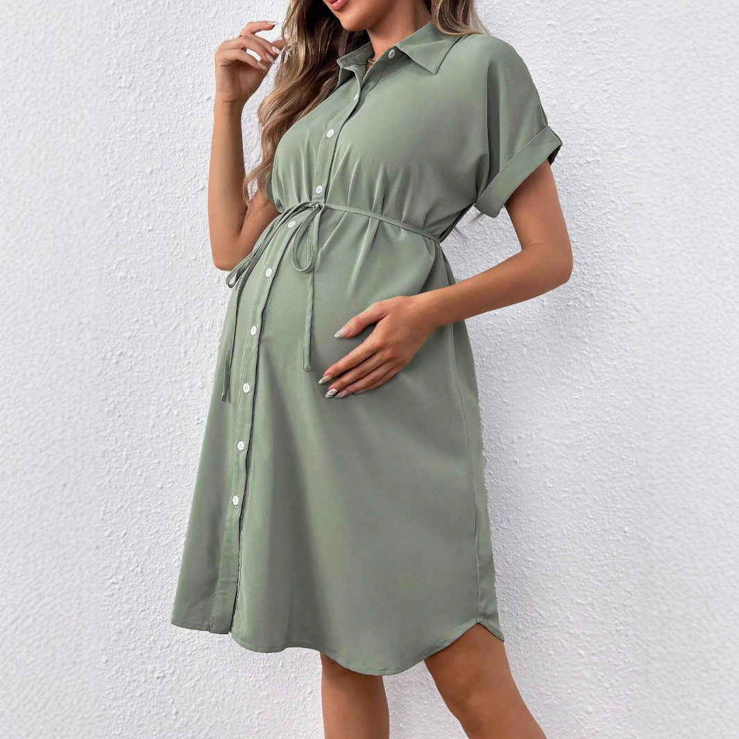 Maternity Button Down Summer Dress — Short Sleeve Casual Belted Shirt Dress