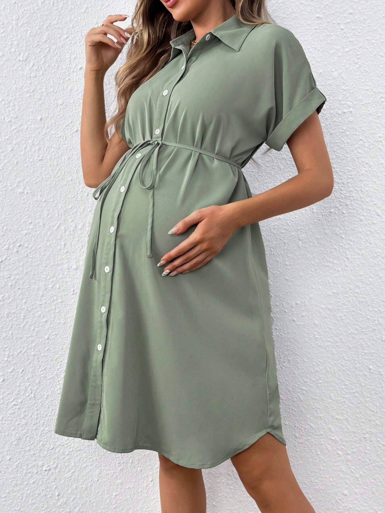 Maternity Button Down Summer Dress — Short Sleeve Casual Belted Shirt Dress