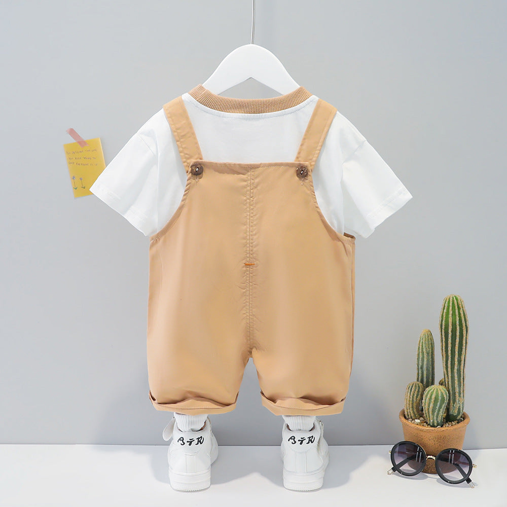 Baby Summer Cartoon Overalls Set – Short‑Sleeve T‑Shirt & Cute Bear Romper