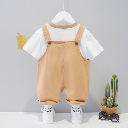 Baby Summer Cartoon Overalls Set – Short‑Sleeve T‑Shirt & Cute Bear Romper