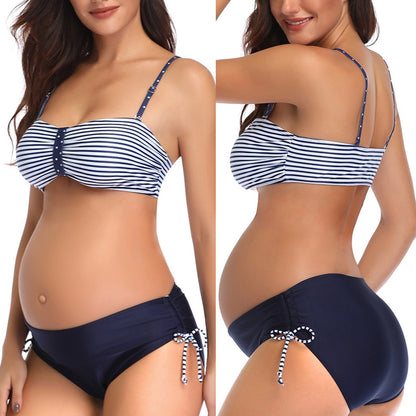 ⭐ Women’s Sexy Suspender Split Strap Printed Stripe Maternity Swimsuit