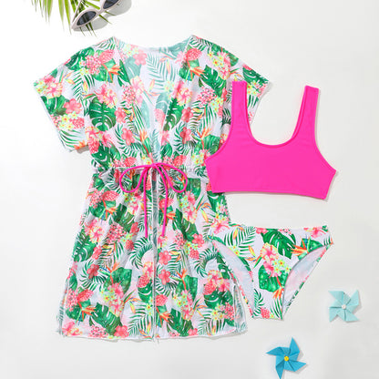 Girls’ Tropical Three‑Piece Swimsuit Set – Bikini with Floral Cover‑Up