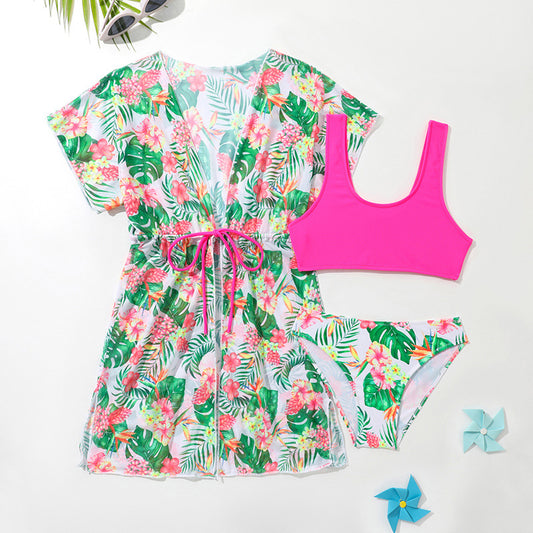 Girls’ Tropical Three‑Piece Swimsuit Set – Bikini with Floral Cover‑Up