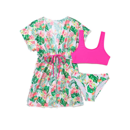 Girls’ Tropical Three‑Piece Swimsuit Set – Bikini with Floral Cover‑Up