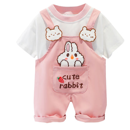 Baby Summer Cartoon Overalls Set – Short‑Sleeve T‑Shirt & Cute Bear Romper