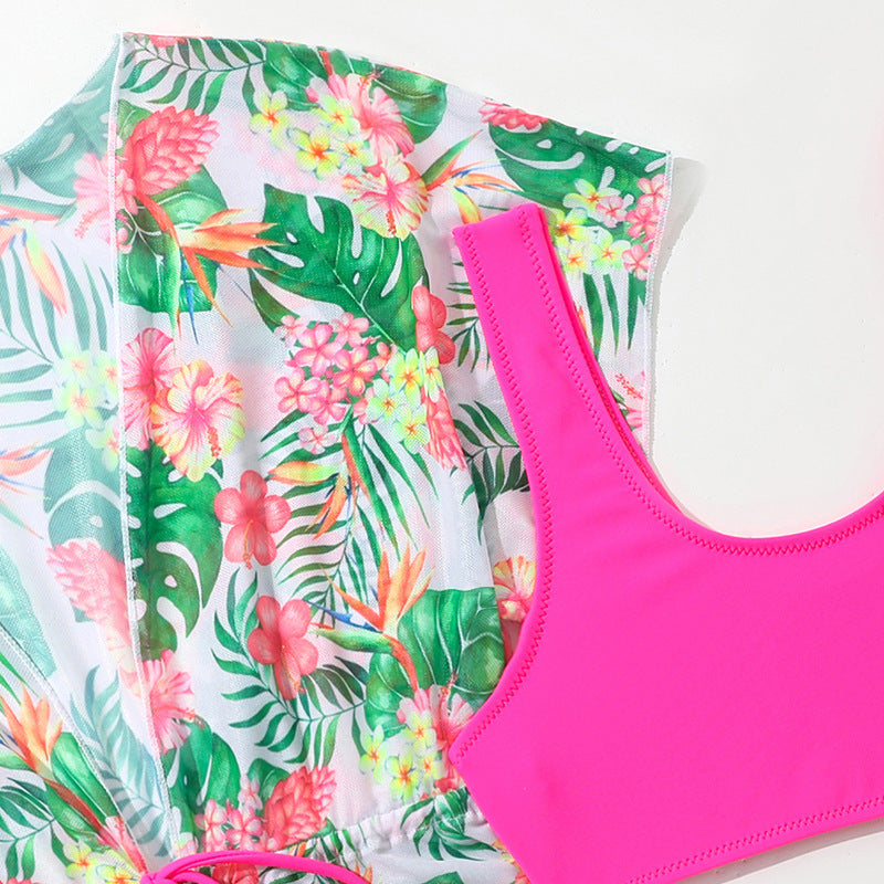 Girls’ Tropical Three‑Piece Swimsuit Set – Bikini with Floral Cover‑Up
